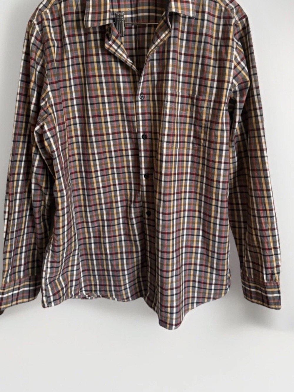 Tasso Elba 100% Cotton Gray Rust Yellow White Plaid Long Sleeve Dress Shirt XL
